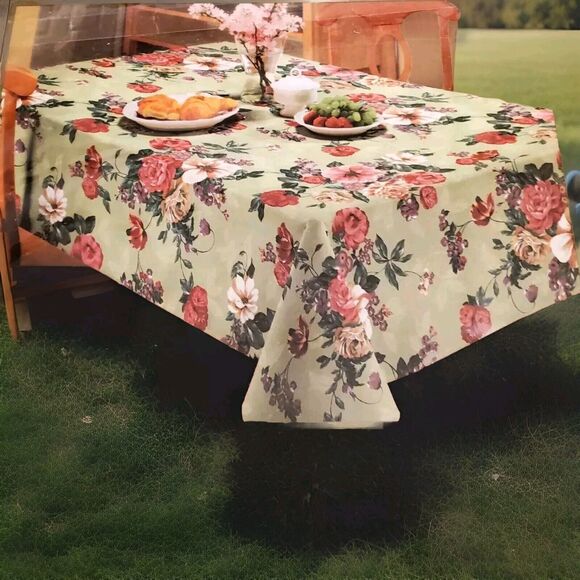 NIP Vtg Home Essentials NEW Floral Cotton Blend Oblong 60x102" Fabric Tablecloth - Picture 1 of 12